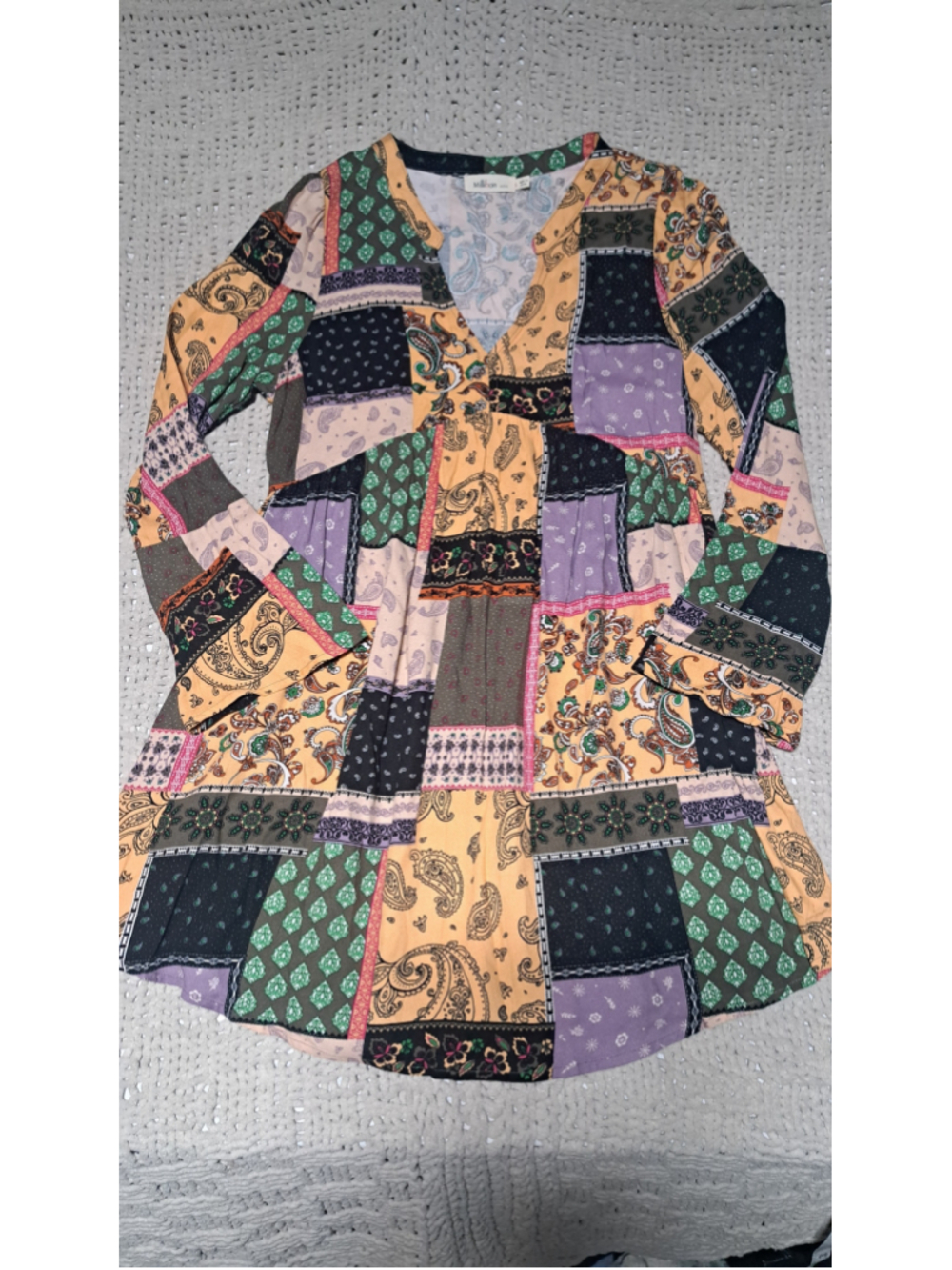 787 - Women's Millibon Patchwork Blouse Size L Yellow Green Paisley Print